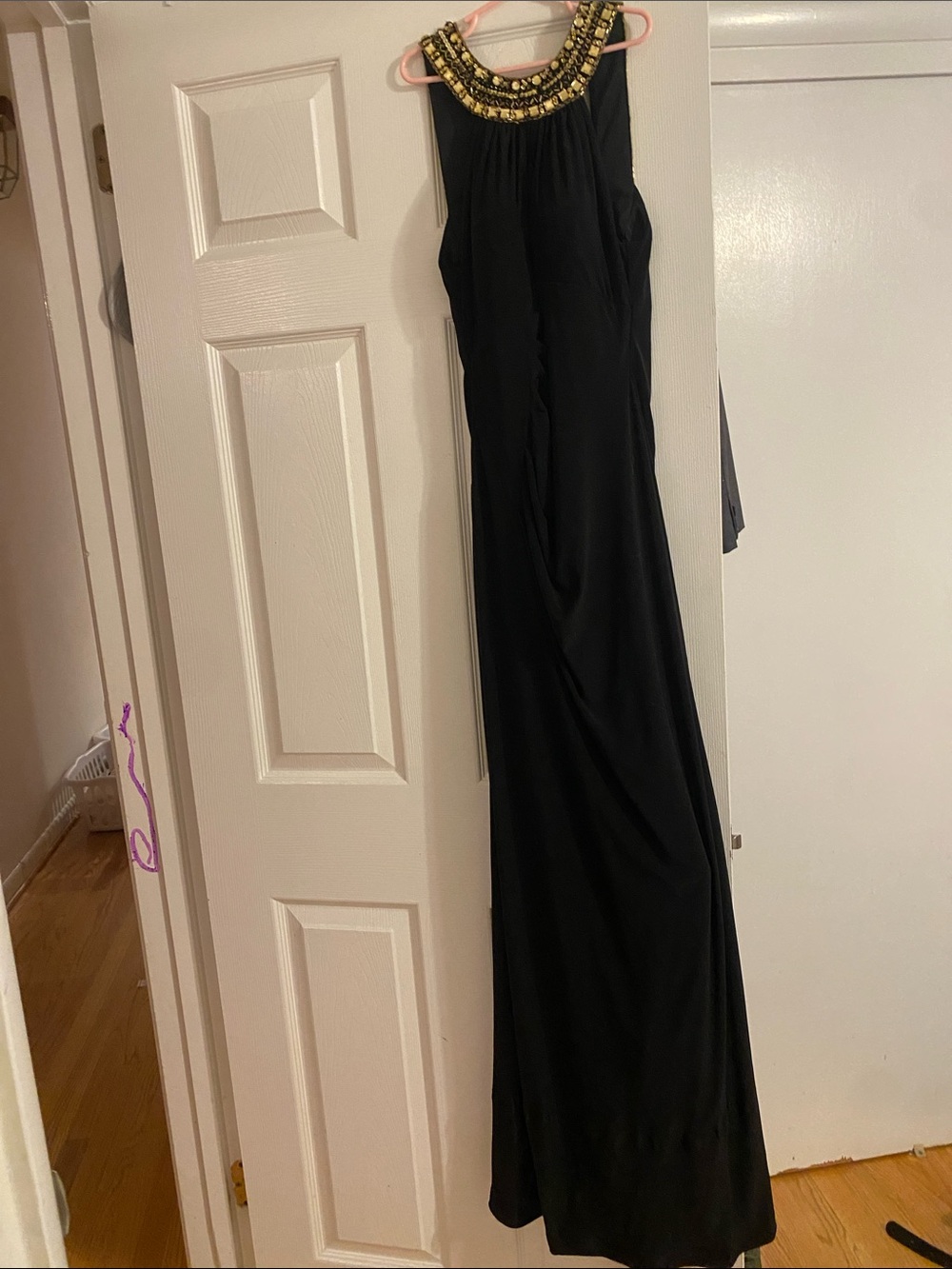 Xscape Black Maxi Dress with Gold Embellished Neckline